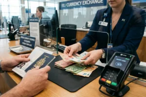 Clerk counting foreign cash at professional Currency Exchange