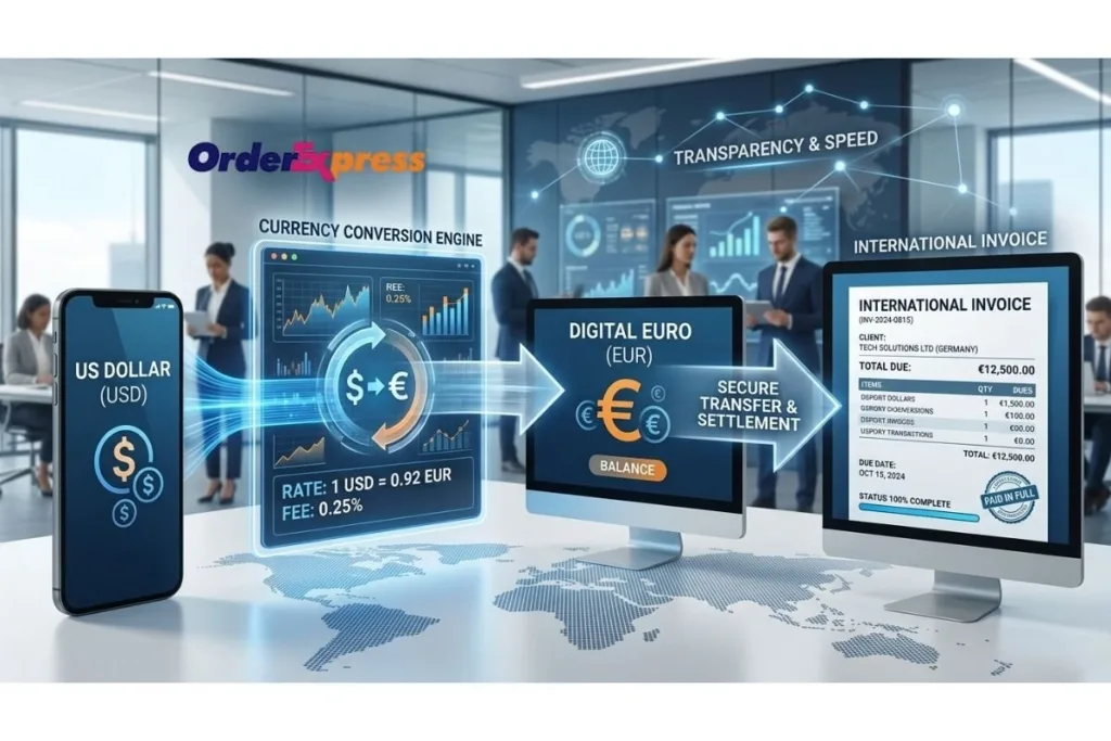Currency Exchange process converting USD to EUR digitally