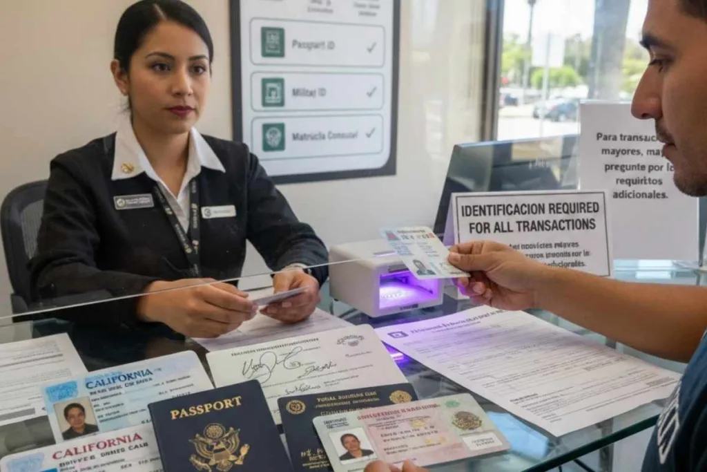 Cliente que presenta su identificación para la verificación de transferencias de dinero en Ontario