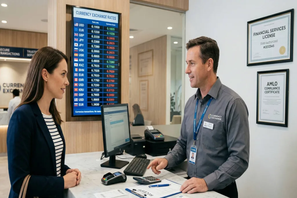 Customer verifying rates at Currency Exchange counter