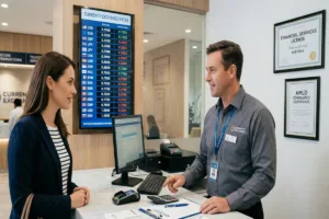 Customer verifying rates at Currency Exchange counter