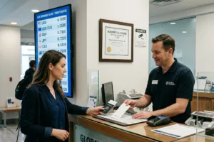 Customer verifying receipt during Currency Exchange at retail counter