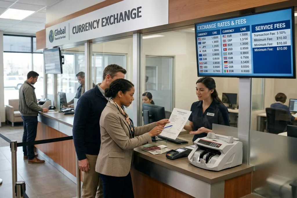 Customers reviewing fees at Currency Exchange counter