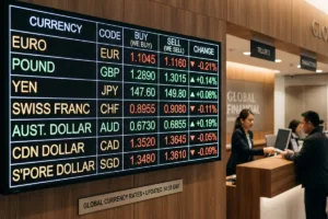 Digital Currency Exchange rate board displayed inside financial branch.