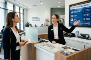 First-time customer at professional Currency Exchange office