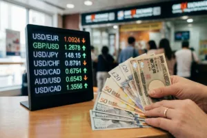 Hands holding cash at Currency Exchange with live rate board