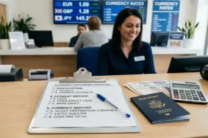 Retail Currency Exchange counter with preparation checklist