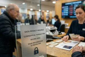 Secure Currency Exchange desk with privacy notice and teller assisting customer