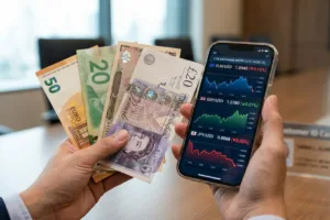 Smartphone displaying charts beside cash for Currency Exchange
