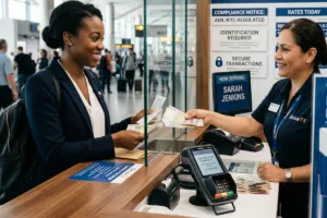 Traveler receiving cash at professional Currency Exchange service desk.