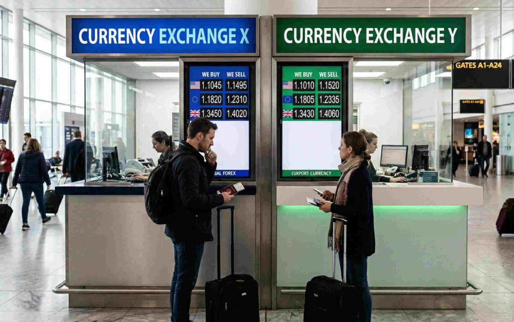 Travelers comparing rates at airport Currency Exchange counters