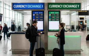 Travelers comparing rates at airport Currency Exchange counters