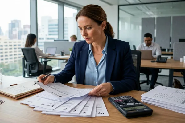 Businesswoman analyzing Currency Exchange costs with calculator and paperwork