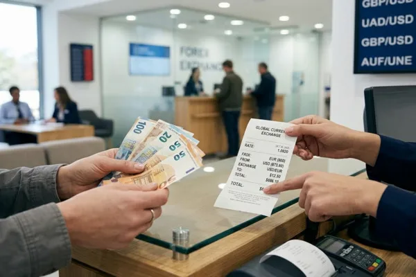 Close-up of Currency Exchange cash and receipt