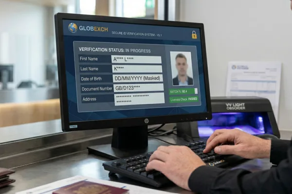Sistema de verificación de identidad de cambio de divisas en la pantalla del ordenador.