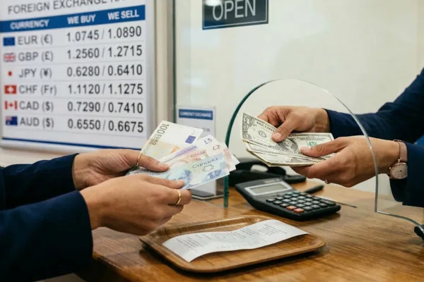 Cliente realizando cambio de divisas en el mostrador de servicio.