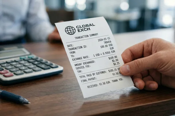 Cliente en posesión del recibo resumen de la transacción de cambio de divisas