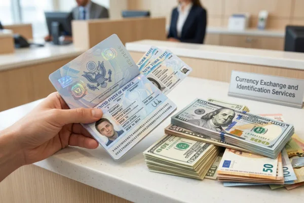 Cliente con identificación y efectivo en el mostrador de cambio de divisas.
