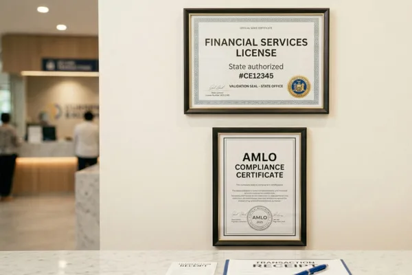 Financial license displayed inside Currency Exchange office

