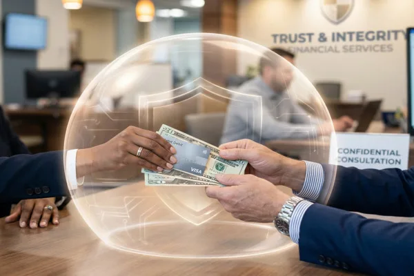 Hands exchanging money in Currency Exchange with security overlay