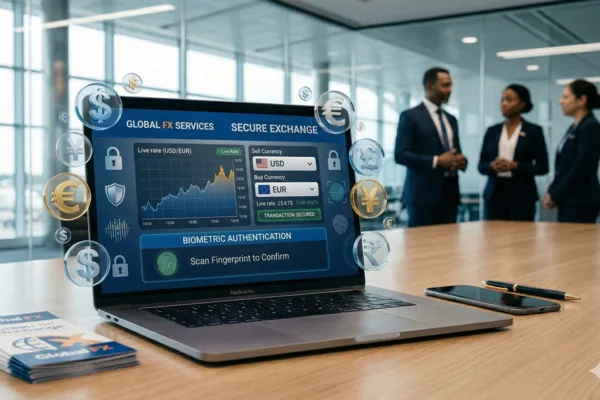 Portátil que muestra una interfaz segura de cambio de divisas con iconos financieros globales.