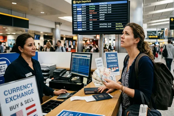 Viajero solicita cambio de divisas en el mostrador del aeropuerto antes de la salida.
