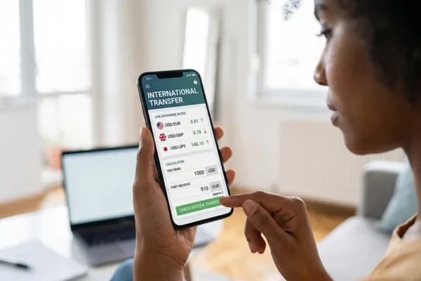 Usuario consultando tipos de cambio en una aplicación de transferencias para smartphone