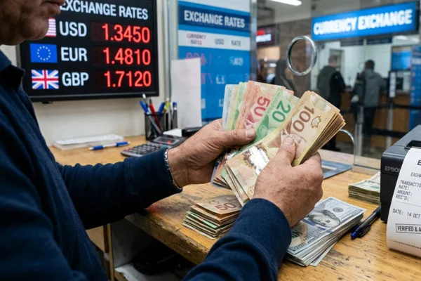 Counting foreign banknotes at Currency Exchange counter
