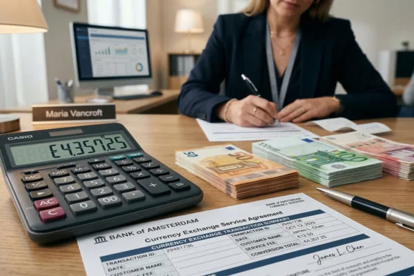 Documentación de cambio de divisas junto con billetes de euros y calculadora