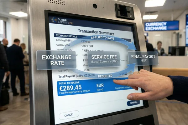 Pantalla del quiosco de cambio de divisas que muestra las tasas y comisiones.