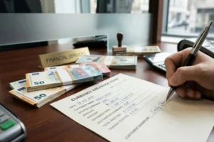Desk scene of Currency Exchange with money, calculator, and documents