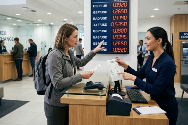 Cajero de cambio de divisas ayudando al cliente con el recibo.
