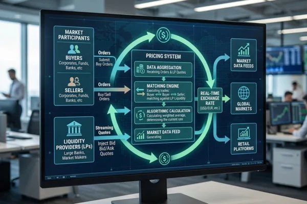 Proceso de intercambio de moneda digital que ilustra a compradores, vendedores y flujo de liquidez.
