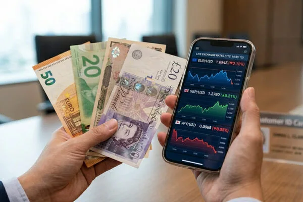Efectivo extranjero y teléfono en la ventanilla de cambio de divisas.
