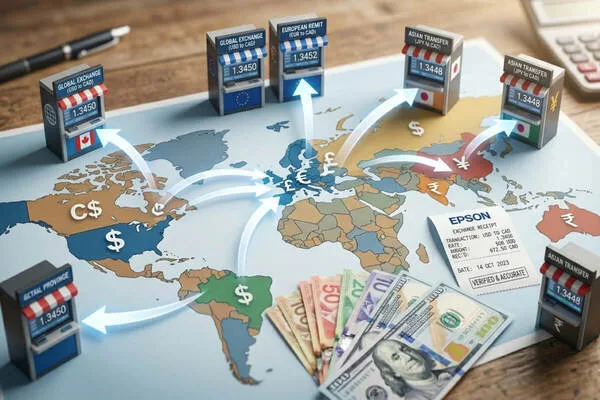 Global Currency Exchange rates illustrated on world map
