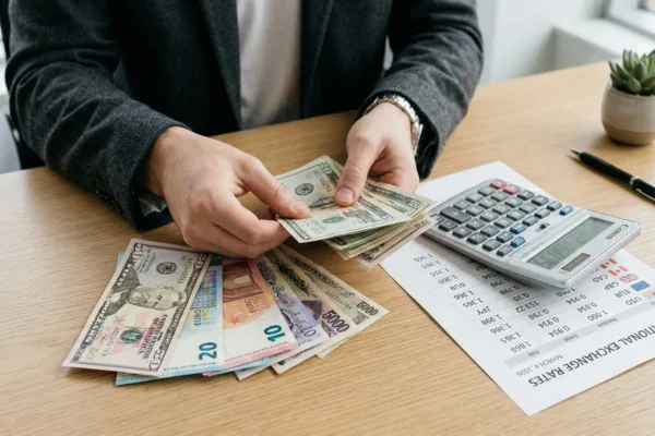 Manos contando dinero en efectivo extranjero durante el cambio de divisas en el escritorio de la oficina.