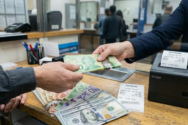 Manos intercambiando efectivo durante un cambio de divisas en el mostrador de atención al cliente.
