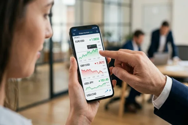 Person reviewing Currency Exchange trends on mobile app screen