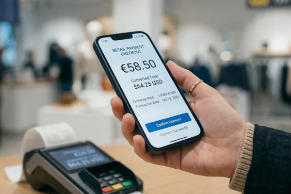 Smartphone showing Currency Exchange during retail payment