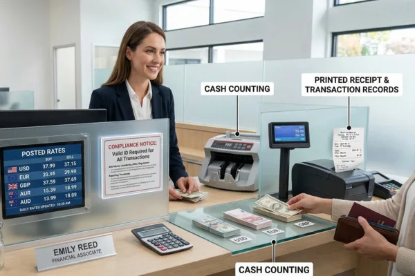 Staff assisting client during Currency Exchange cash transaction
