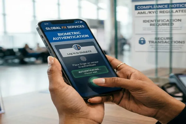 User accessing Currency Exchange platform using biometric authentication on phone.
