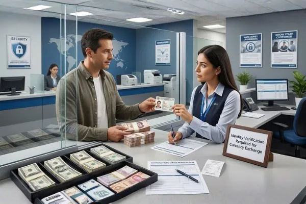 Empleado revisando identificación durante cambio de moneda en persona