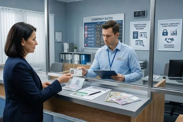 Empleado verificando pasaporte para transacción segura de cambio de moneda