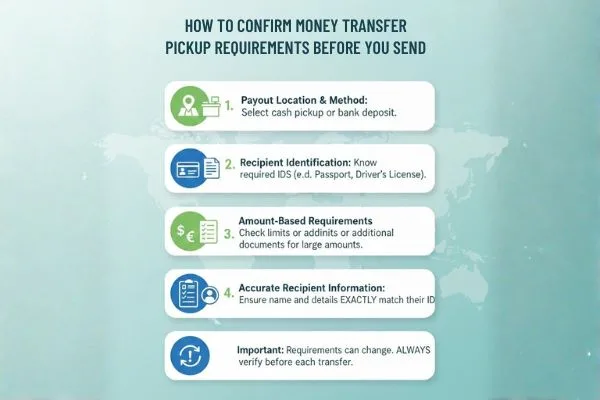 Confirm Money Transfer recipient pickup requirements checklist