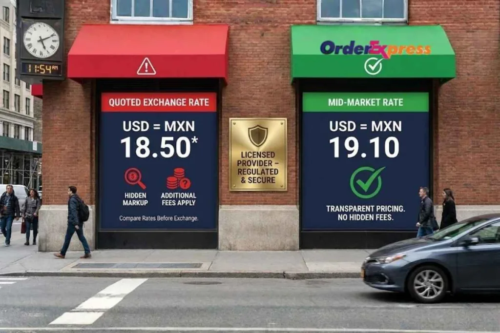 Tasas de cambio de divisas en tiendas que muestran cargos ocultos