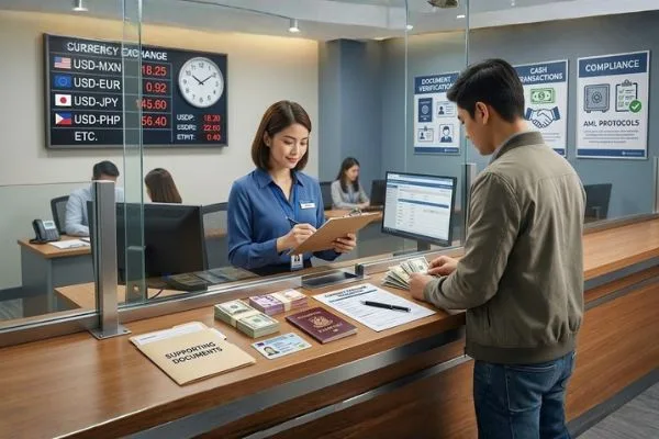 Cliente preparando efectivo para transacción de cambio de divisas conforme