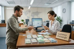 Cliente presentando identificación en el mostrador de cambio de divisas
