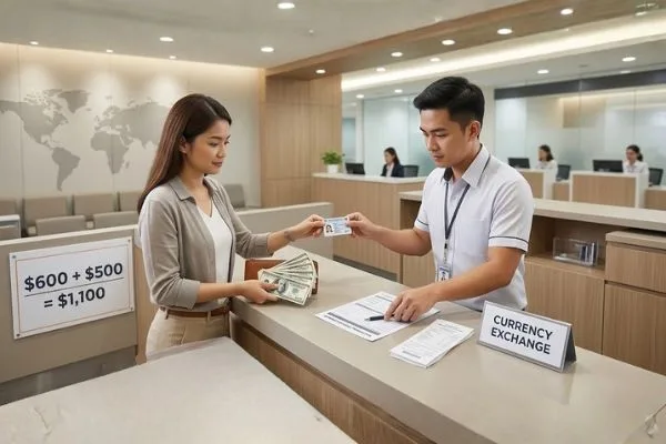 Cliente verificando identidad para transacción grande de cambio de divisas
