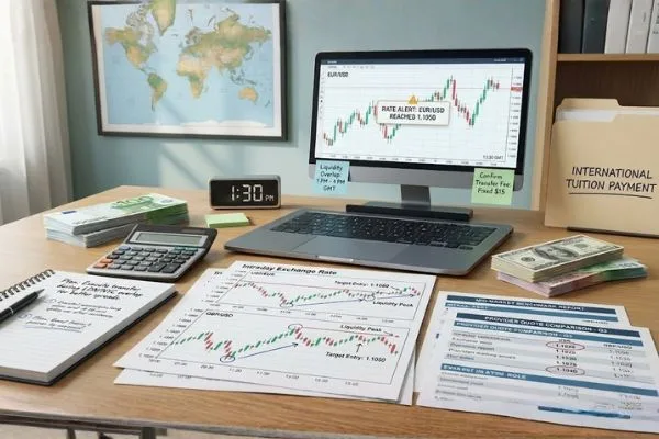 Cliente completando transacción de cambio de moneda en sucursal