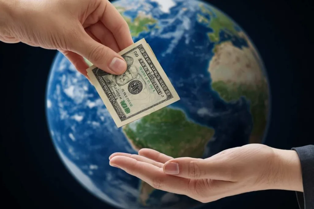 hand sending money transfer from U.S to another part of the globe
